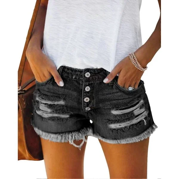 Denimshorts Andningsbara Trendiga Lediga Raka Knäppning Tofsar Trasiga Denimshorts för Kvinnor Sommar Svart L