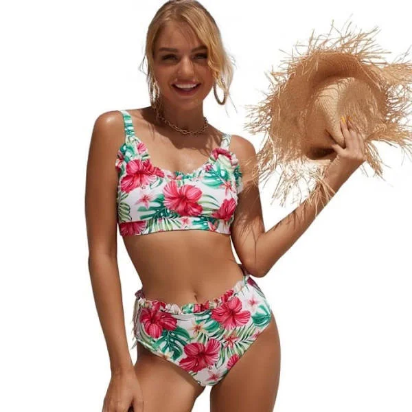 (m-Vit) Dam Bikini - Blomtryck - Märke - Modell - Snörning Volanger - Vit