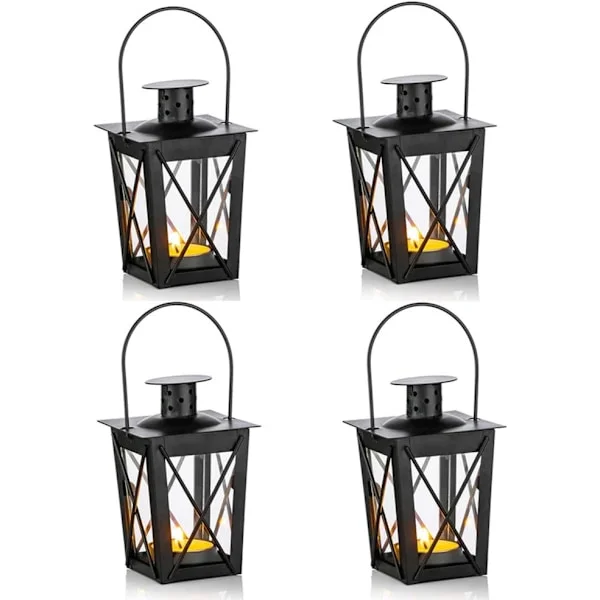 4 stk Lykter for Lys, Vintage Svart Metall Mini Dekorative Lyslykter Telysholder & LED Telysholder Dekorasjon-FX-