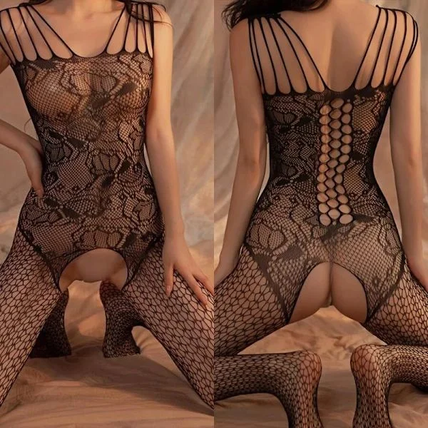 Dame Gjennomsiktig Fiskenett Bodystocking Sexy Undertøy Åpen Skritt Skrittløs Erotisk Bodysuit Sling Svart Eksotiske Kostymer