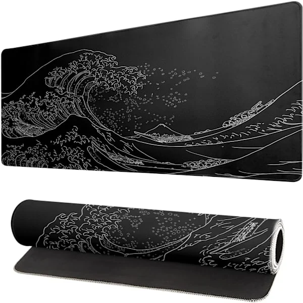 Large Mouse Pad with Ocean Wave, Anime Black Gaming, Extended Kanagawa Mat Desk Pad, 3mm Thick Long Non-Slip Rubber Base Mouse Pad, 80 x 30 cm