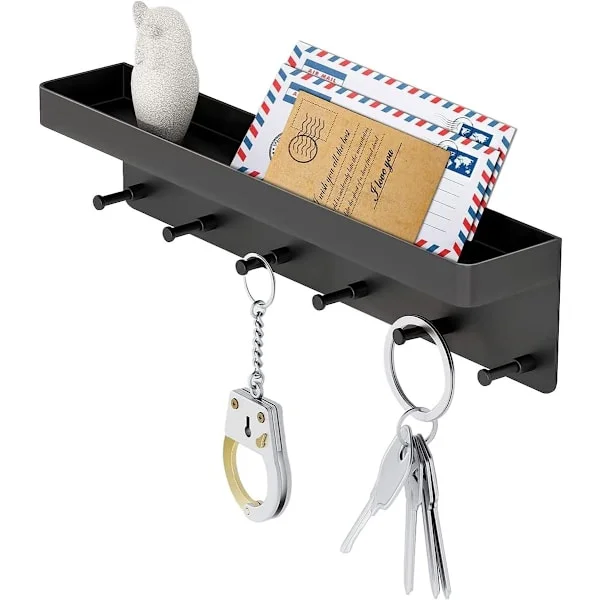Key Holder Wall Mount - Self-Adhesive Key Holder Wall Mount - Key Box - Key Holder - With Mailbox - With 6 Key Hooks - Black