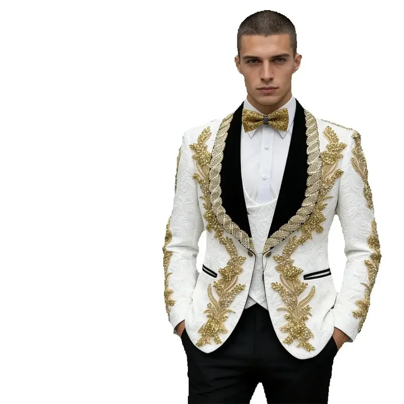 AliExpress - Jacquaed 3-Teiliger Anzug Inklusive Jacke Weste Hose Anzug-Outfit Luxuriöser Handgefertigter Herrenanzug-Set mit Gold-Strasssteinen