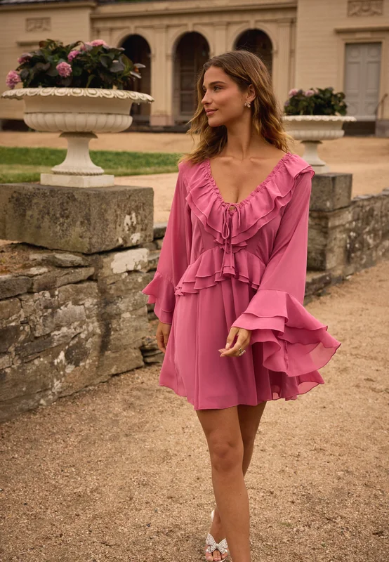 Bubbleroom Occasion - Trumpet Sleeve Frill Short Dress - Pink