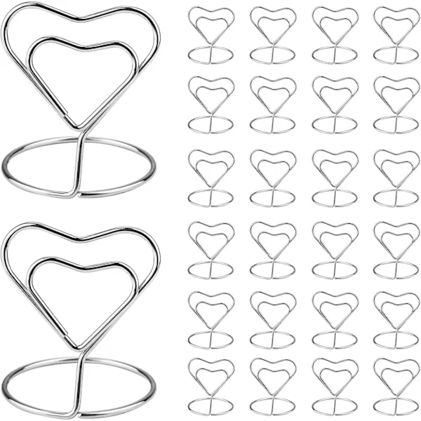26 hjärtformade placeringskortshållare - bordskortshållare för meny-memohållare, bröllop, fest, födelsedag (silver)