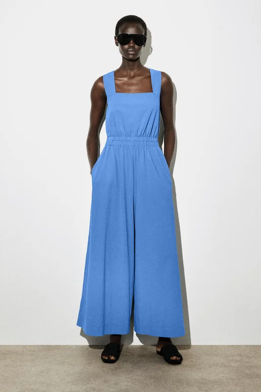 COS Women's Open Back Seersucker Wide Leg Jumpsuit Dress in Blue