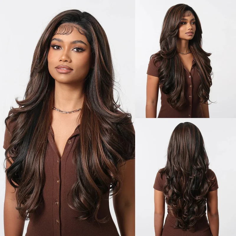 AliExpress - ELEMENT 13*6 dentelle avant perruques synthétiques ondulé brun foncé avec couleur marron clair perruque de fête quotidienne pour les 