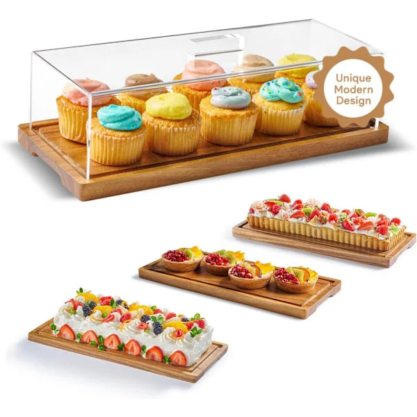 Tårtfat med lock – Akaciaträ Dessertställ & Charkbricka i trä med lock för sockerkakor, bröd, bakverk, ost, stor rektangulär trä, 1 st