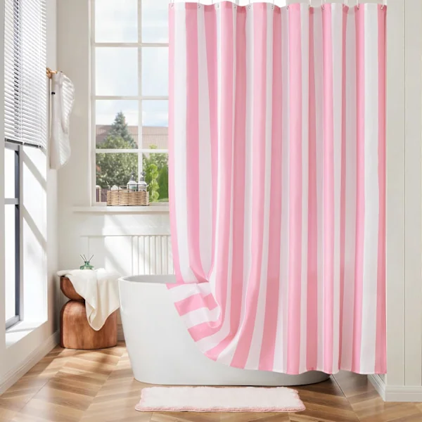 Rosa duschdraperi med vertikala ränder, vackert retro vintage randigt duschdraperi för badrum, vattentätt polyestertyg, 180 x 180