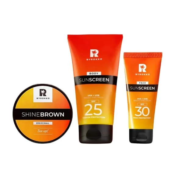 Byrokko Shine Brown Chocolate Bronzing Oil -setti aurinkosuojavoiteella SPF25 ja SPF30 kasvovoiteella