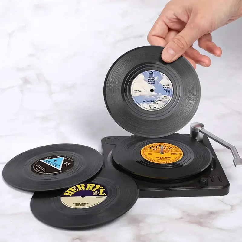AliExpress - Set van 6 vinyl onderzetters voor drankjes muziek onderzetters met vinyl platenspeler houder retro platen schijf onderzetter mok pad mat 