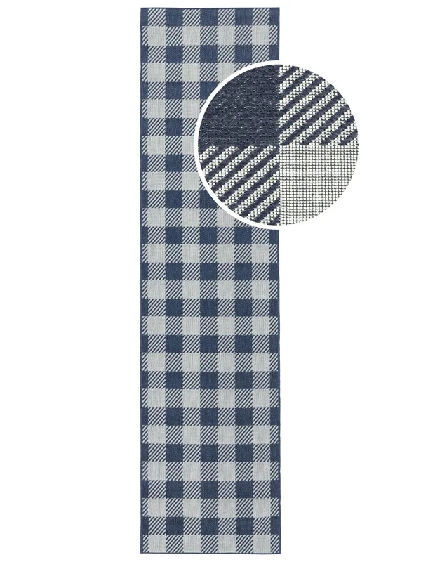Gingham Lavable 80X300 Pequeño Azul/Blanco Cuadros Pasillo Alfombra