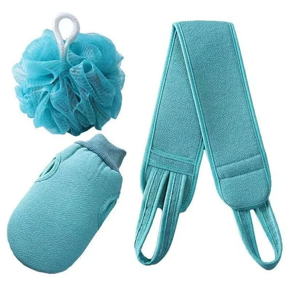 Exfolierande Duschhandskar Ryggskrubbset för Kropp, Ansikte, Dusch, Bad, Skrubb och Exfoliering (3-pack blå) blå