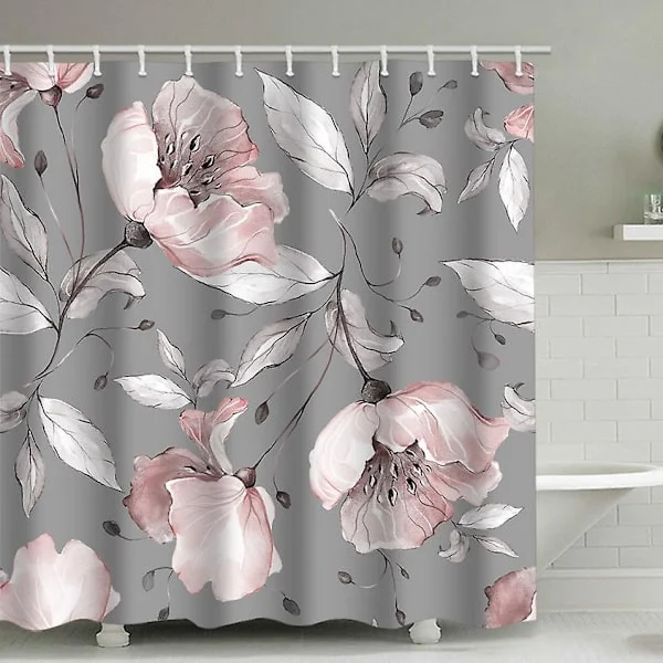 Duschdraperi med rosa blommor, vattentätt duschdraperi i tyg för badrum med 12 plastkrokar, flera storlekar (grå blommor)