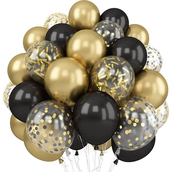 Balloner Sort Guld, 60 Pakker 12 Tommer Metallisk Krom Guld Sort Latex Balloner med Guld Konfetti Ballon til Fødselsdag Bryllup