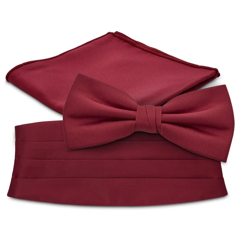 Set con papillon pre-annodato, fazzoletto da taschino, e fascia da smoking bordeaux per uomini - Set di papillon