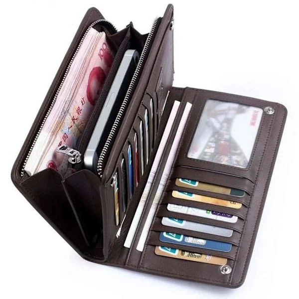 Herre Lommebok i Lær Luksuriøs Business Bifold med Glidelås Myntlomme Kortholder Multifunksjonell Veske for Menn Clutch Bag