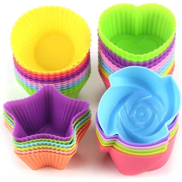 Silikon Cupcakeformer Gjenbrukbare Bakekopper Nonstick Enkel Rengjøring Bakverk Muffinsformer 4 Former Runde Stjerner Hjerte Blomster 24 Stykker 