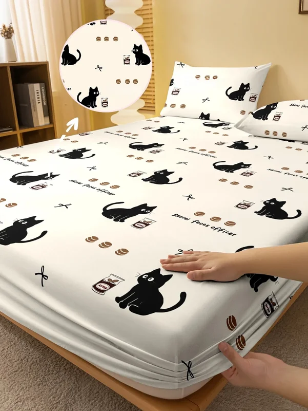 AliExpress - 1 drap-housse mat imprimé chat animal mignon de dessin animé, housse de lit imprimée pour chambre à coucher, literie (hors taies 