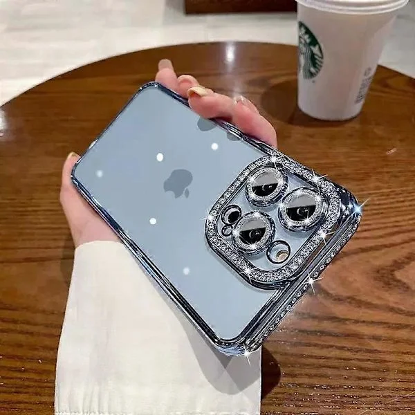 iPhone 13 Pro Max Skal, Glittrande Diamant Rhinestone Kameraobjektivskydd, Kristall Bling Klar Söt Plätering Telefonskal Stötsäker - Blå