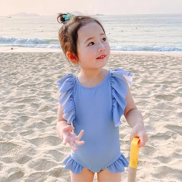 Baby Girls Swimsuit One-Piece Plaid Swimwear Beach Bikini Leopard Ruffles Bathing Suit Outfits for 0-8 Years, Blue (S)