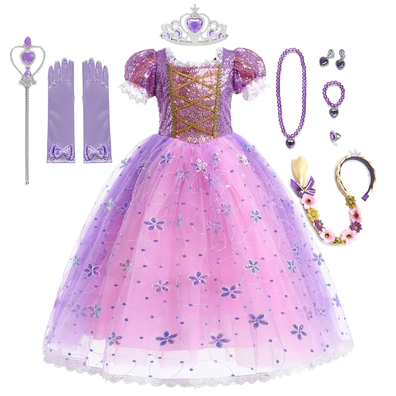 AliExpress - Robe Rapunzel pour fille, costume de princesse pour enfants, robe de bal de luxe imprimée, dentelle, paillettes, dégradé, robes 