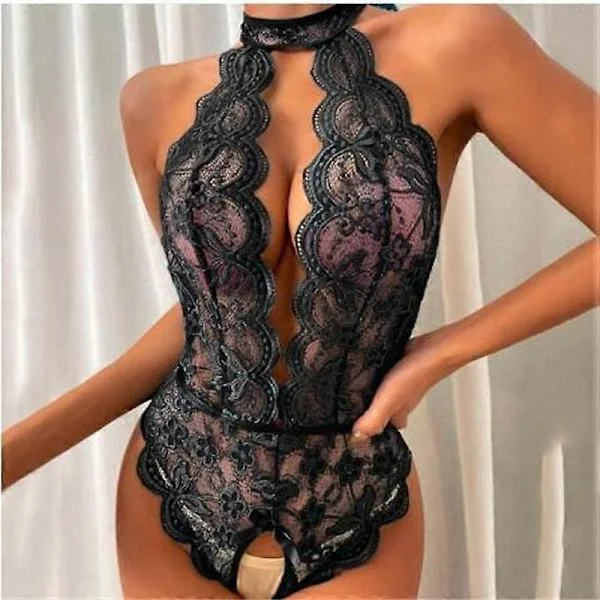 Sexet lingeri til kvinder, Babydoll, natkjole, blonde slip kjole med g-streng Sort