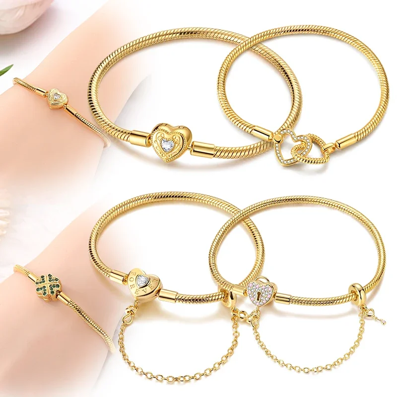 AliExpress - Original 925 Sterling Silber Gold Armband Armreif Goldenes Herz Stern Vierblättriges Kleeblatt Armband Schlangenkette für Damen 