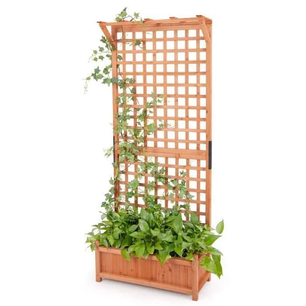 COSTWAY Blomsterkasse med Spalje - Fyrretræ - Drænhul - Aftageligt Bundpanel - Blomsterbakke 75 x 33 x 182,5 cm