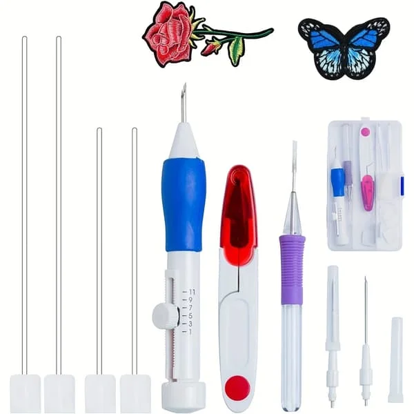 Justerbart Punch Needle Broderisett, Multi-Størrelse Punch Needle Kit, Komplett DIY Rug Hooking Syverktøy med Oppbevaringsveske