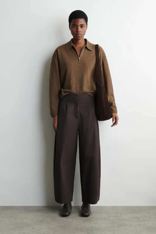 COS Women's Cotton Barrel Leg Trousers in Brown