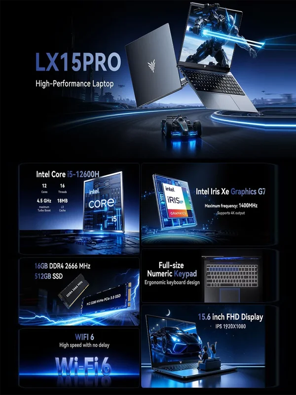 AliExpress - KAMRUI Gaming-Laptop mit Intel Core i5 12600H Prozessor, 16GB RAM, 512GB SSD, WiFi 6, 15,6 Zoll IPS-Display, Windows 11 Laptop-Computer