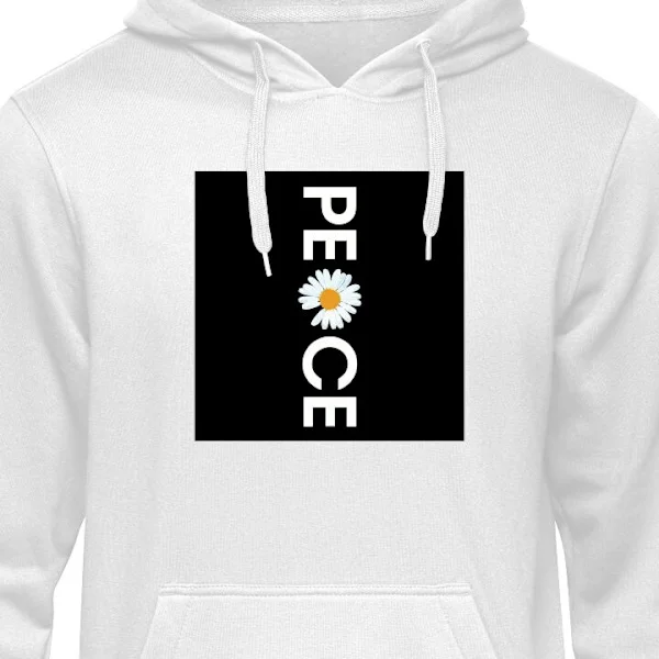 Barn-Hoodie | Mjuk Huvtröja för Barn Vit 5-6 År Frid-text med vit prästkrage på svart bakgrund och tydlig blomsterinspirerad design