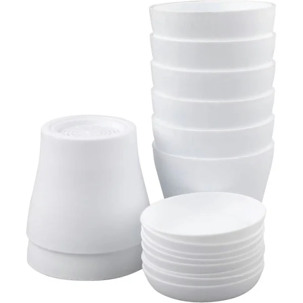 Set med 8 Små Vita Plastblomkrukor 10cm för Kontor, Hem, Kontor med Brickor/Pall (LGL)