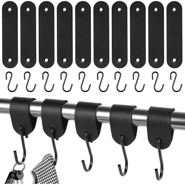 Set med 10 krokar med läderöglor - För klädstänger - Rostfritt stål - Svart - 12,5 x 3 cm - För garderob och camping - Svart