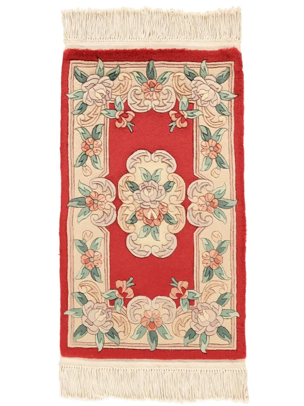 China 90 Line Rug Hand Knotted 52X88 Beige/Dark Red