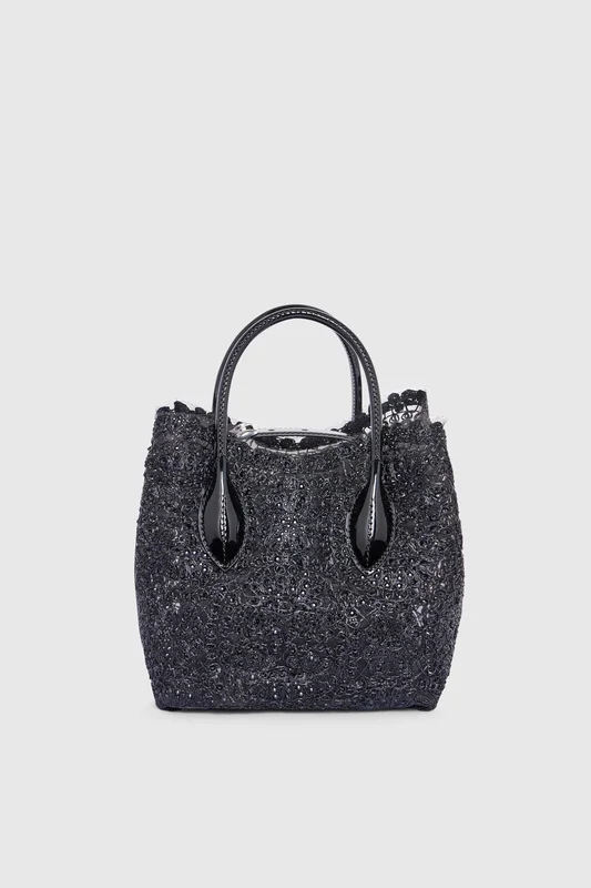 Ermanno Scervino Shopping bag piccola in pizzo di rafia “Maiolica” con cintura, Nero