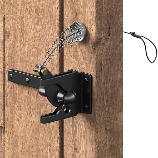 Self-locking carbon steel gate latch, black/lock post mounting with stainless steel spring cable pull