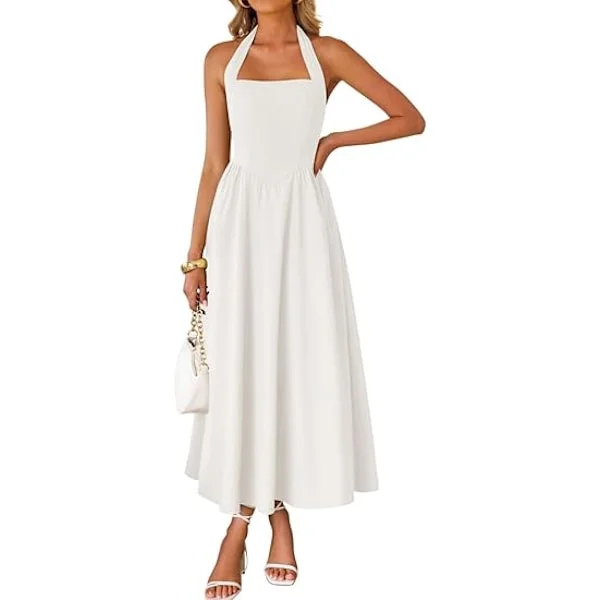 Kvinnor Sommar Ärmlös Halterneck Midiklänning 2025 Off Shoulder Hög Midja Swing Flowy Strand Långa Klänningar