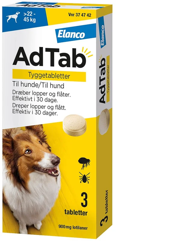 AdTab AdTab til hunde 3-pak >22-45 kg 900 mg, Medicin & Pleje, Flåter & Lopper, Flåt- Og Loppemiddel Til Hunde