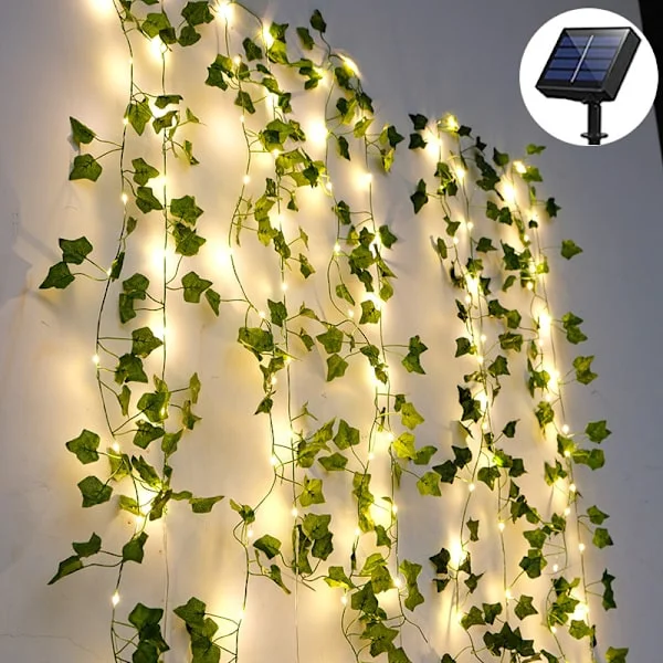 Solcellsslingor Utomhus 100LED 12M Girlang Ljusslingor Konstgjorda Murgrönsblad 8 Lägen LED Murgröna Vinranka Slinga Vattentät