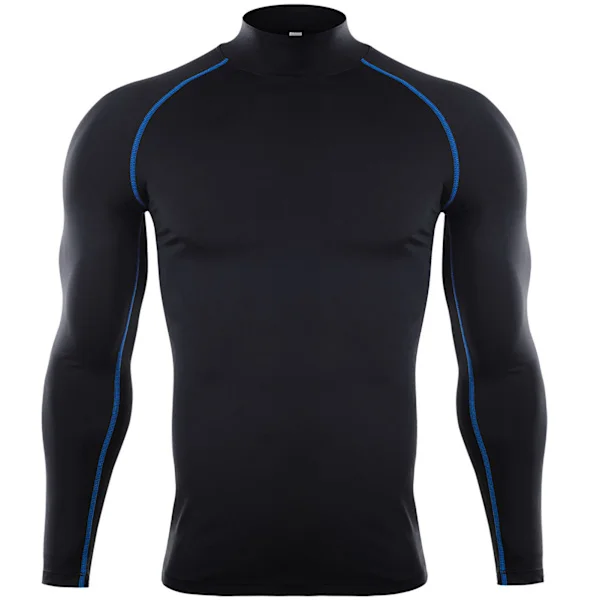 Men's High Elastic Compression Long Sleeve Sports Shirt Athletic Training T-Shirt Black and Blue Lines M