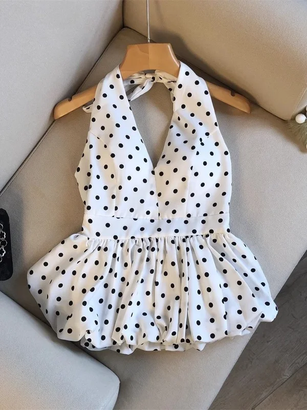 AliExpress - Rückenfreie, sexy Neckholder-Strand-Babydoll-Crop-Tops für Damen, gepunktet, V-Ausschnitt, ärmelloses T-Shirt, Rüschen, Basic-T-Shirts, 