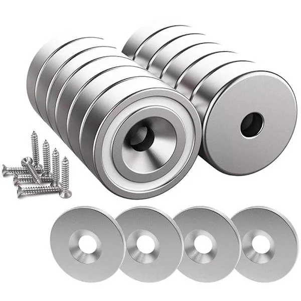 Sett med 12 neodymmagneter, 10 kg – Dimensjoner 20 x 7 mm med hull og hette – 12 stålplater inkludert – Enkel installasjon