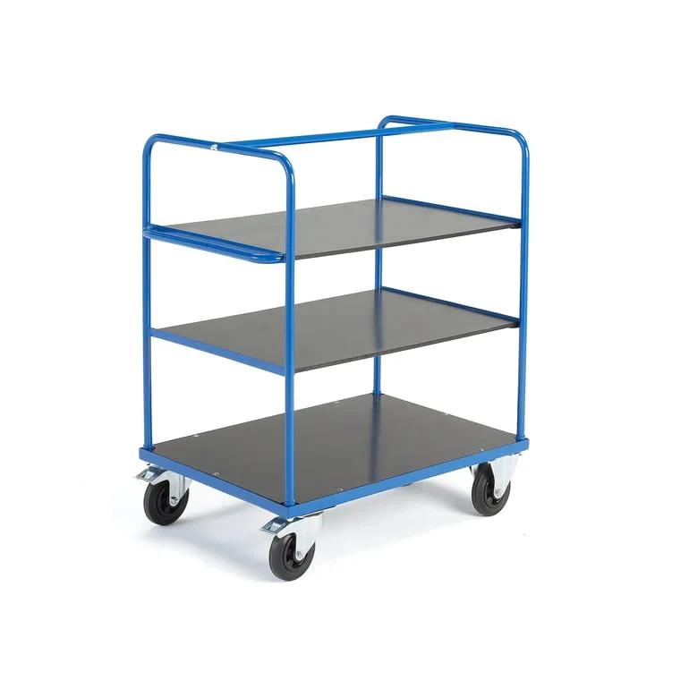 Shelf trolley TRANSFER, 3 shelves, 1000x700x1180 mm, rubber wheels, with brakes