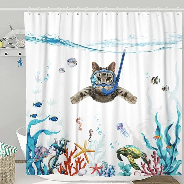 Rolig Katt Duschdraperi Set Teal Blå Hav Ocean Vattentätt Tyg