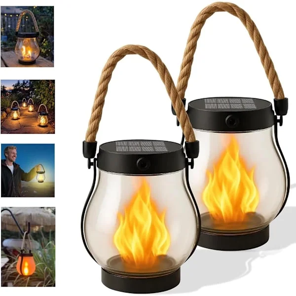 2-delt solcellelanterne udendørs belysning - 12×13 cm - dansende flamme solcellelanterne udendørs belysning - hamprebsflammelanterne