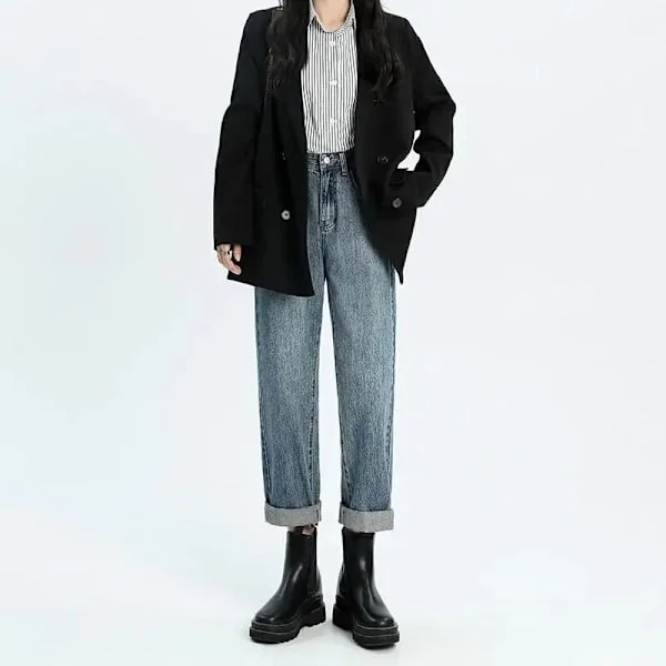FINORD Hög midja Casual Beige Baggy Jeans Dam Koreanska höstjeans Streetwear Harajuku Vintage Vinter Raka jeansbyxor
