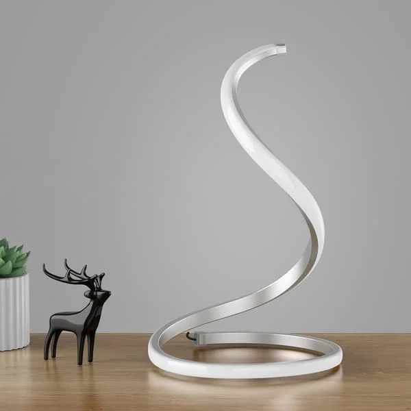 Spiral Modern Table Lamp (Silver), Stepless Dimmable 3 Color Temperature Curved Art Decorative Bedside Lamp for Bedside Table Silver CURVED