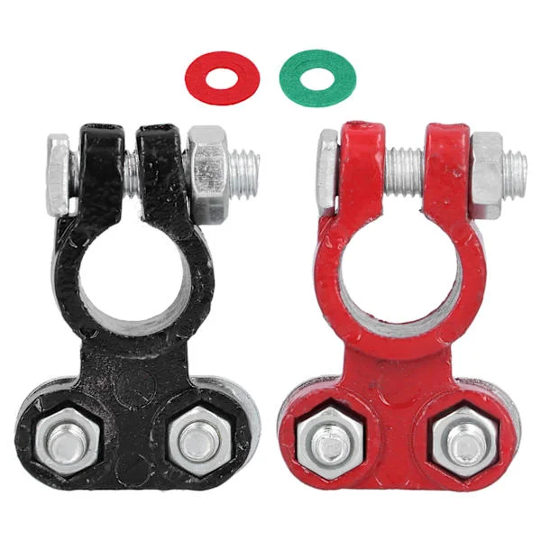 2 stk Batteripol Klemmer Positiv Negativ Top Post End Connector med 2 Skiver